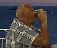 a man in a plaid shirt is drinking a glass of wine