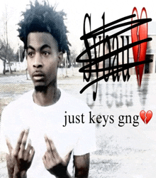 a man giving the middle finger with the words just keys gng written below him