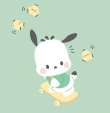 a cartoon of a dog riding a skateboard with chicks flying around him