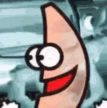 a close up of a cartoon character with a red mouth and eyes .