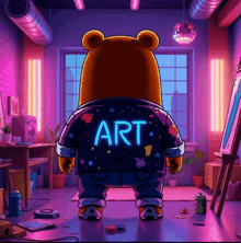a cartoon bear wearing a jacket that says art on the back