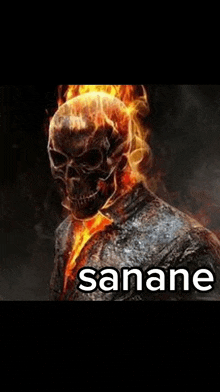 a ghost rider is surrounded by flames and has the word sanane on the bottom .