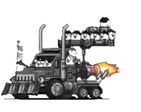 a cartoon drawing of a truck with a rocket attached to the back