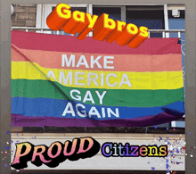 a rainbow flag with make america gay again written on it