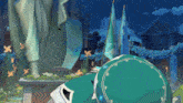 a video game character is laying down in front of a building and flags