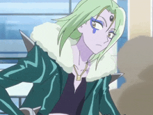 a cartoon character with green hair and purple eyes has a necklace around her neck