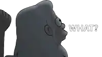 a cartoon character says " what " in white letters
