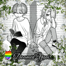 a couple of anime characters sitting next to each other with the words doomed yaoi