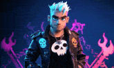 a cartoon character wearing a leather jacket with a skull on it