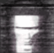 a black and white photo of a man 's face behind a brick wall with a window in the background .