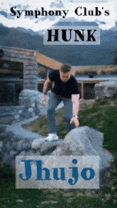 a symphony club 's hunk jhujo poster shows a man jumping over rocks