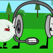 two cartoon characters wearing headphones are standing next to each other