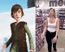 a picture of hiccup from how to train your dragon and a picture of a woman in a store