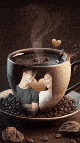 a cup of coffee with a picture of a man and woman inside