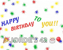 a birthday card for jorde 's 42 with balloons and cake