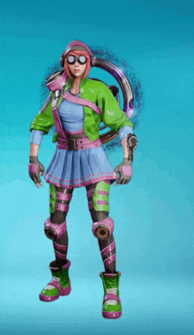 a woman in a green and pink outfit is standing in front of a blue background holding a purple object .