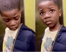 a young boy with a sad look on his face is standing in an elevator