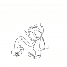 a black and white drawing of a cartoon character with a long tail