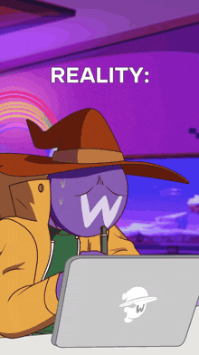 a cartoon character wearing a witch hat is sitting in front of a laptop with the words reality written on the bottom