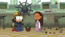 a cartoon of a girl kneeling next to a potted plant with a steering wheel in the background