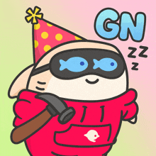 a cartoon character is wearing a party hat and holding a hammer with the word gn above him