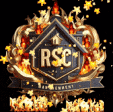 a logo for rsc management with fire coming out of it
