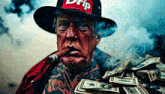 a man wearing a hat with the word drip on it smoking a cigar
