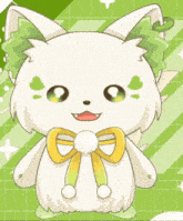 a white animal with green leaves on its head and a yellow bow