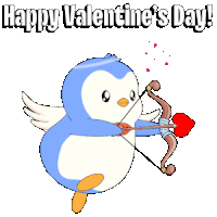 a penguin is holding a bow and arrow with the words happy valentine 's day below it