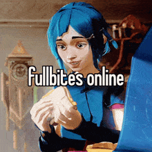 a girl with blue hair is holding a piece of bread and the words fullbites online are above her