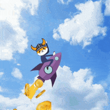 a cartoon dog wearing a helmet is flying on a rocket