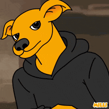 a cartoon drawing of a dog wearing a black hoodie with the word milli on the bottom
