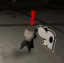 a cat is standing next to a snoopy sticker with an arrow pointing down .
