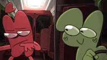 a red and green cartoon character with hearts on their heads