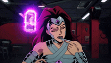 a woman in a superhero costume is eating with a fork in front of a neon sign that says 8