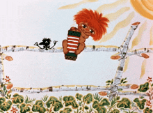 a cartoon drawing of a person playing an accordion and a bird