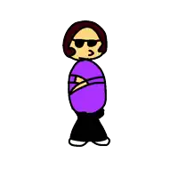 a cartoon character wearing sunglasses and a purple shirt .