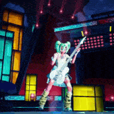 a girl with green hair is playing a guitar in a video game