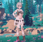 a girl in a video game is standing in a lush green forest