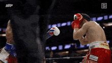 two boxers are fighting in a boxing ring and one of them has a srg logo on his shorts
