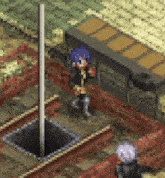 a cartoon character is standing next to a pole in a video game .
