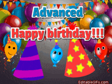 a birthday card with balloons and party hats says advanced happy birthday