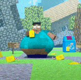 a very fat minecraft character is sitting on the ground in a park eating a sandwich .