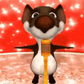 a cartoon dog is standing in front of a microphone .