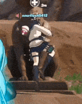 a girl in a school uniform is standing next to a gorilla in a game .