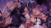 a girl with purple hair and hearts on her thighs is laying down