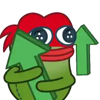 a cartoon character is holding a green arrow up