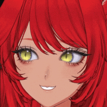 a close up of a girl 's face with red hair and green eyes