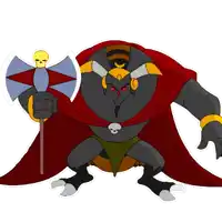 a cartoon drawing of a monster with a skull around his neck