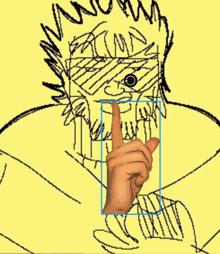 a drawing of a man 's face with a blue square around his hand